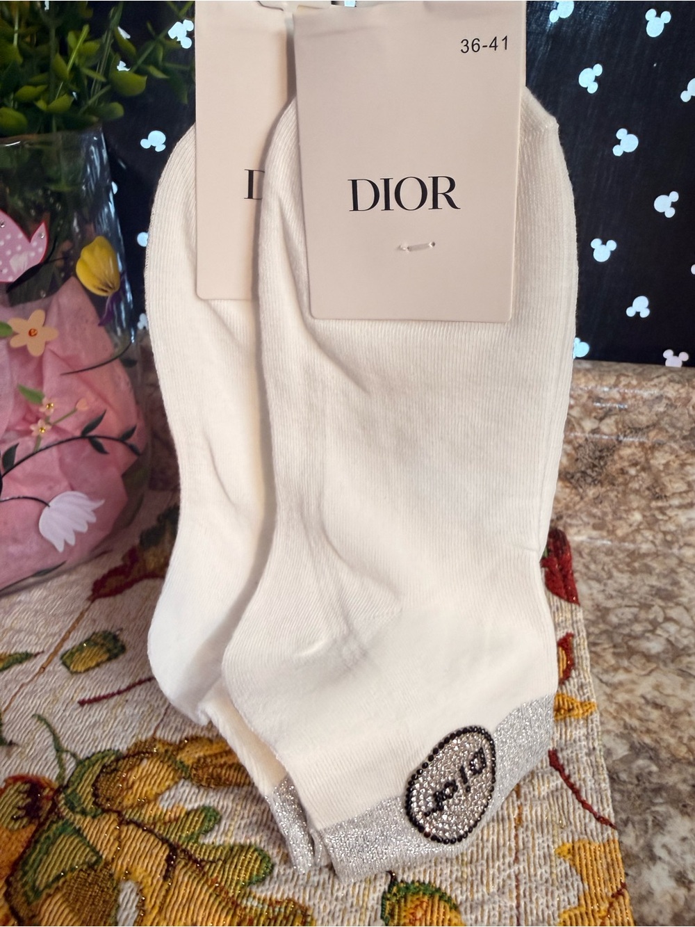 Dior ladies White Ankle Socks with Silver Logo Trim